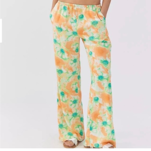 Urban Outfitters Pants - Urban Outfitters dopamine Jenna floral satin wide leg pull-on pants orange green